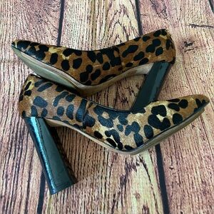 COLE HAAN Real Cow Fur Leopard Print  Pointed Toes Pumps Block Heels Size US 8.5
